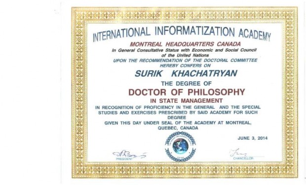 Сурик Хачатрян сам отказался от защиты диссертации в Национальной академии наук