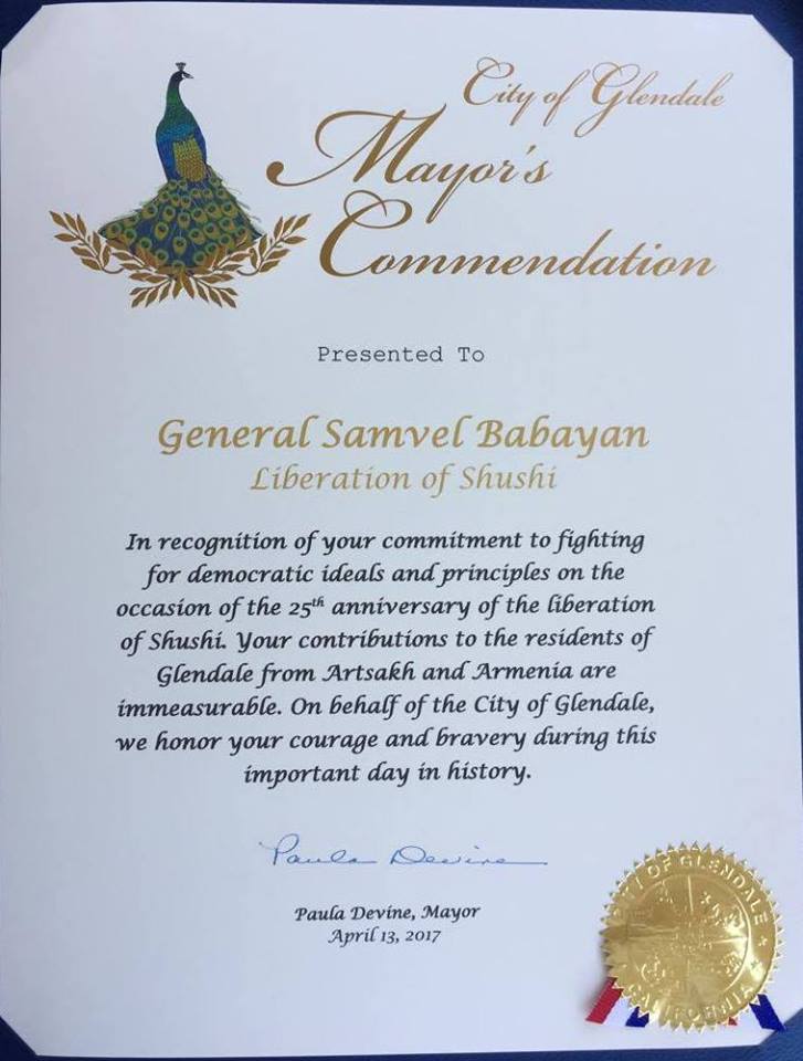 Мэрия Глендейла и американская организация ветеранов «Гайдук» наградила грамотами армянских генералов