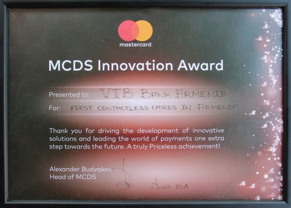 Банк ВТБ (Армения) победил в номинации “Первые бесконтактные карты в Армении” на форуме “Innovation Award”, организованном MasterCard