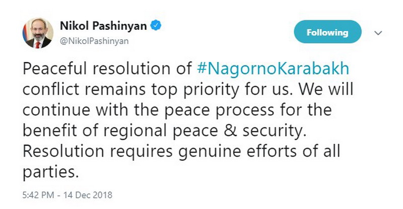 Никол Пашинян: мирное урегулирование Нагорно-Карабахского конфликта остается главным приоритетом Армении