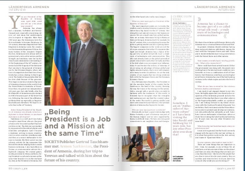 «Быть президентом – это одновременно и работа, и миссия»: интервью президента Саргсяна журналу Society