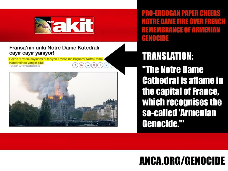 Проэрдогановская пресса пишет о пожаре в Париже в контексте признания Францией Геноцида армян