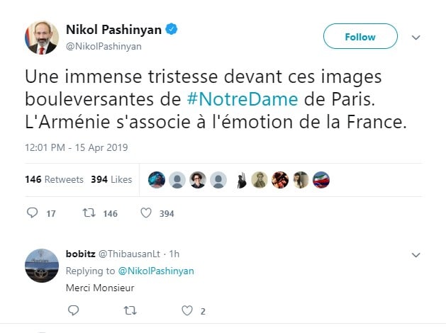 Армения разделяет чувства Франции: Никол Пашинян — о пожаре в Соборе Парижской Богоматери