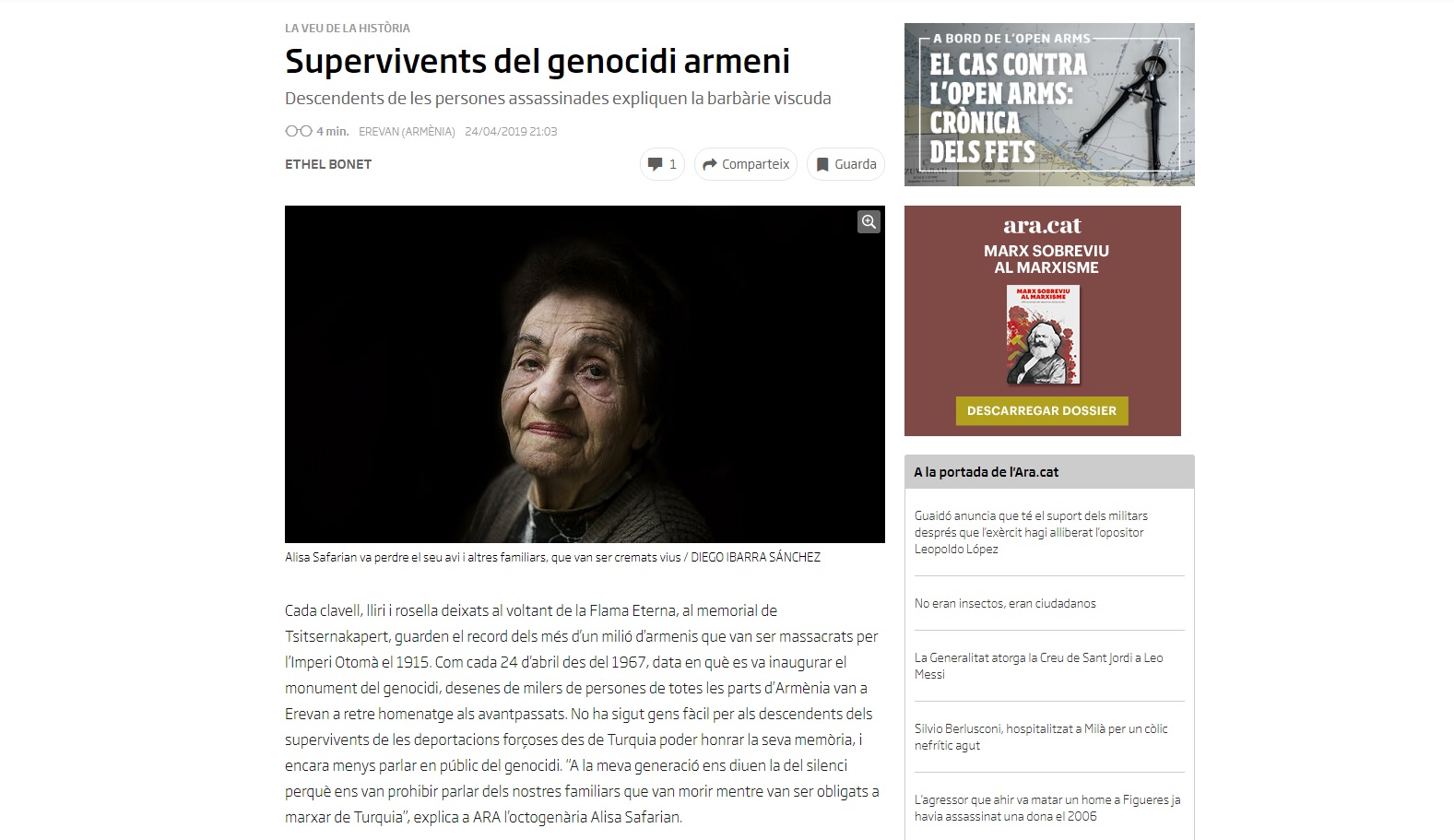 Испанская журналистка Этель Бонэ опубликовала на каталонском языке статью о Геноциде армян
