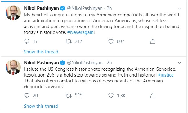 Я приветствую историческое голосование Конгресса США, признающее Геноцид армян: Никол Пашинян