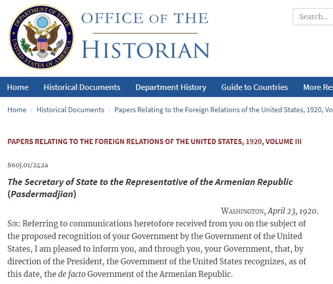 100 лет назад: 23 апреля 1920г США признали независимость Армении — документ
