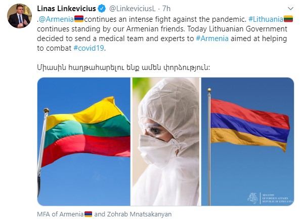 «Вместе мы преодолеем все испытания»: Литва отправит в Армению врачей и экспертов
