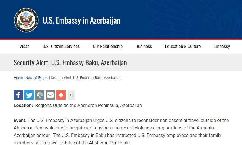 Посольство США в Азербайджане призвало граждан США не покидать Баку и Апшерон