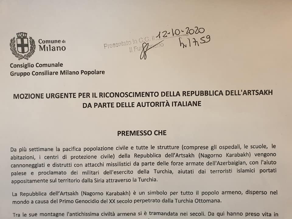 Городское собрание Милана признало независимость Арцаха и обратилось к властям Италии