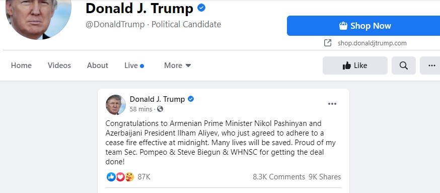 Дональд Трамп поздравил в связи с достижением прекращения огня в зоне Нагорно-Карабахского конфликта