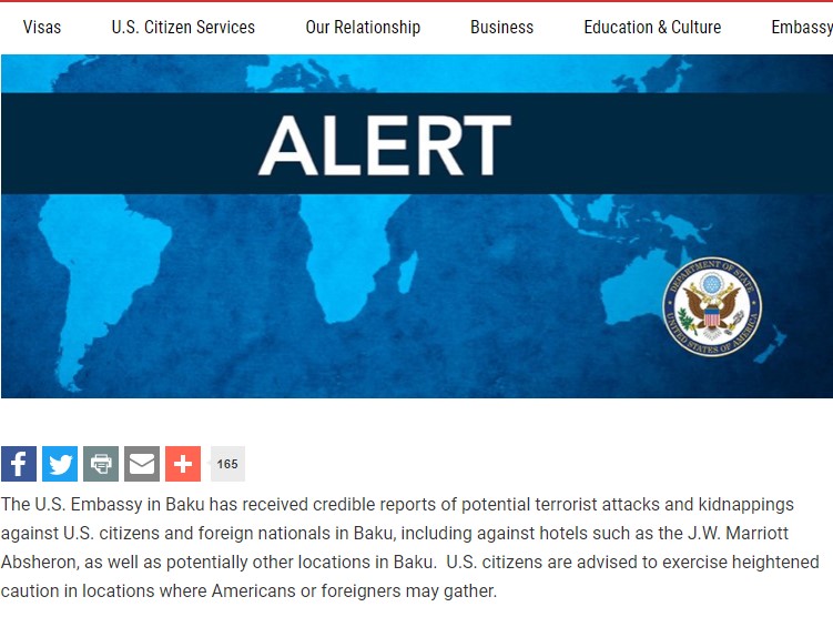 Посольство США в Баку предупреждает об угрозе терроризма в Азербайджане: заявление