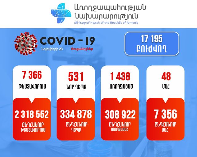 Подтвержден 531 новый случай заболевания коронавирусом, зарегистрировано 48 случаев смерти