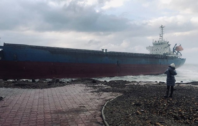 Китайский сухогруз выбросило на берег на Сахалине. ТАСС