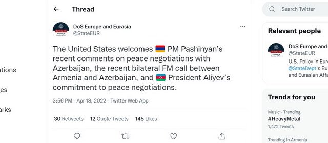 США приветствуют последние заявления премьер-министра Пашиняна о мирных переговорах с Азербайджаном