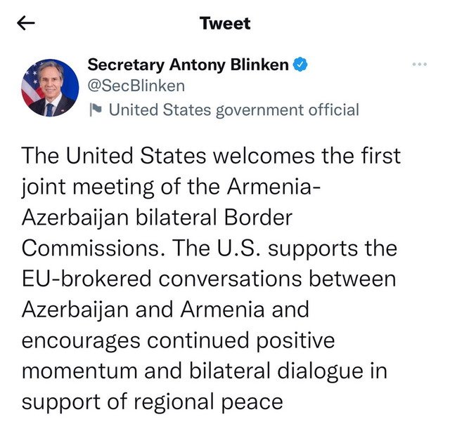 Блинкен приветствовал первую встречу армяно-азербайджанской двусторонней пограничной комиссии