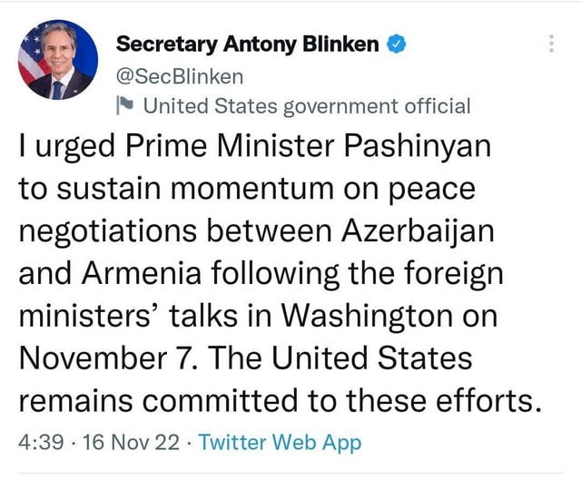 Госсекретарь США призвал Пашиняна сохранить темп мирных переговоров с Азербайджаном