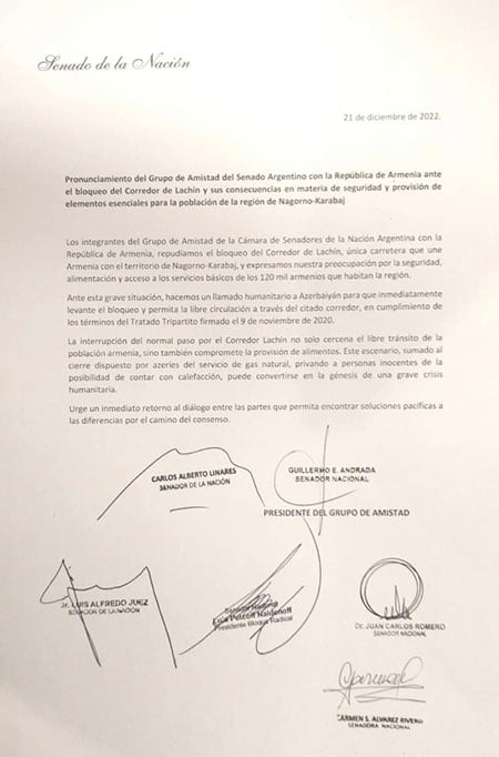 В Сенате Аргентинской Республики осудили блокирование Азербайджаном Лачинского коридора