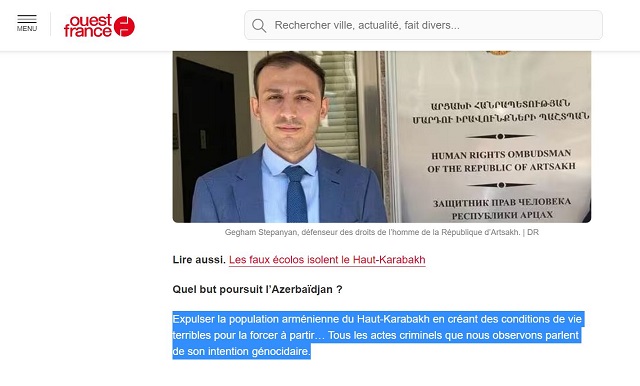 Гегам Степанян дал комментарий «Ouest France» про гуманитарную ситуацию в Арцахе из-за блокады со стороны Азербайджана