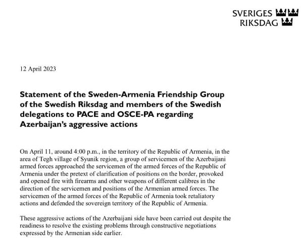 Члены группы дружбы парламента Швеции и члены ПАСЕ и ПА ОБСЕ от Швеции выступили с заявлением, осуждающим азербайджанскую провокацию