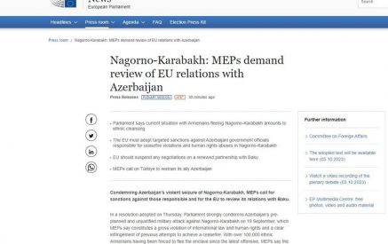 Нагорный Карабах. Депутаты Европарламента призывают к санкциям и пересмотру отношений с Баку